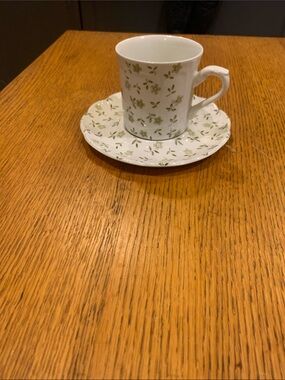 White Porcelain Teacup and Saucer with Green Floral Pattern